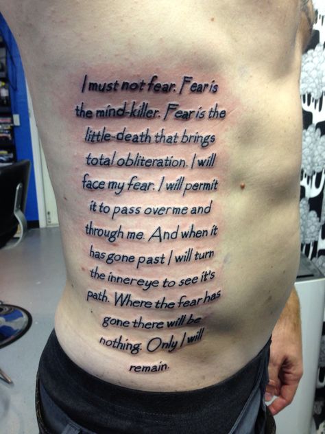 Bene Gesserite litany against fear tattoo Dune Litany Against Fear Tattoo, Fear Nothing Tattoo, Dune Tattoo Ideas, Fear Tattoo Ideas, Deepest Fear Quote, Mh Tattoo, Dune Tattoo, Litany Against Fear, Poem Tattoo