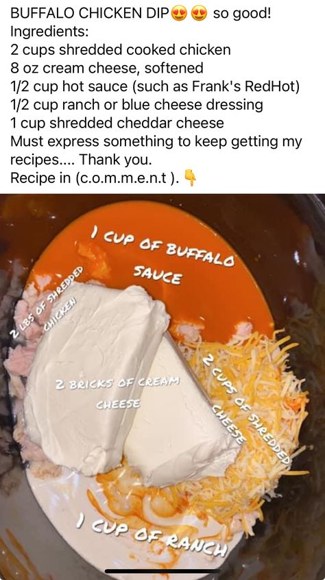 Buffalo Chicken Sauce, Buffalo Sauce Recipe, Buffalo Dip, Chicken Dip Recipe, Cooking Chicken To Shred, Chicken Dip, Hot Pepper Sauce, Tailgate Food, Chicken Dips