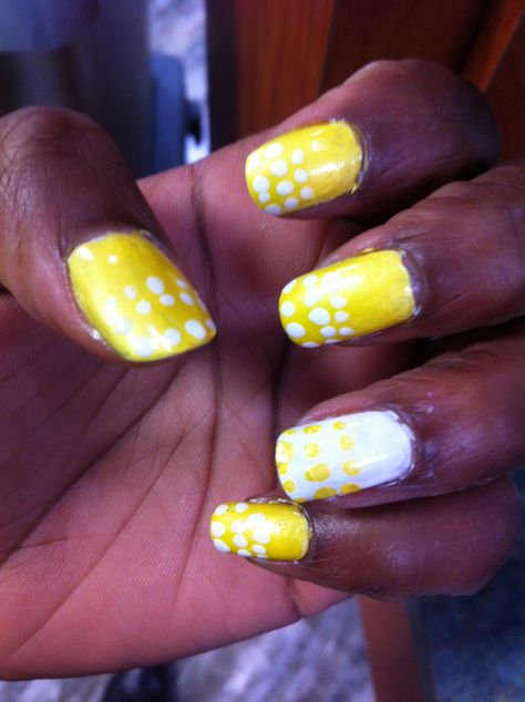 Yellow and white polka dots White Polka Dot, Polka Dots, Dots, Nails, Yellow, White, Beauty