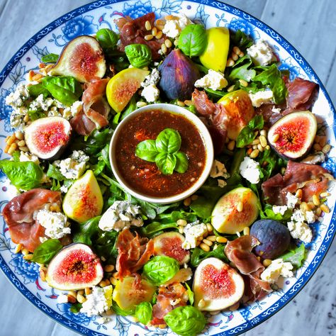 Fresh Fig Salad with Fig Vinaigrette - Taste With The Eyes Salad With Fresh Figs, Fresh Fig Salad, Fig Salad, Chicken Liver Pate, Calabrian Chili, Toasted Pine Nuts, Watermelon Salad, Vinaigrette Recipes, Fresh Figs