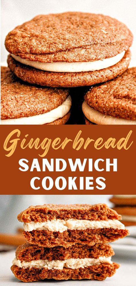 This recipe is wonderful: soft gingerbread cookies sandwiched with vanilla coffee buttercream. It's a twist on classic snickerdoodles, and the dough and filling can be made ahead of time, making them a great option for gatherings and holiday celebrations. Gingerbread Cookie Sandwich, Sandwich Cookie Recipes, Gingerbread Sandwich Cookies, Christmas Sandwiches, Peppermint Treats, Gingerbread Cookie Dough, Cookie Sandwich Recipes, Christmas Spread, Christmas Bakes