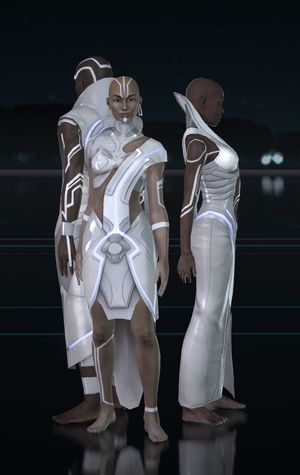 "Arjians are heavily philosophical programs founded upon literal teachings of the Grid's creator, Kevin Flynn.  Arjian society is structured as a peaceful theocracy beneath their spiritual leader, the oracle Radia." Tron Aesthetic Fashion, Android Fashion, Alien Clothes, Tron Legacy, Sci Fi Fashion, The Oracle, Arte Robot, Spiritual Leader, Technology Fashion