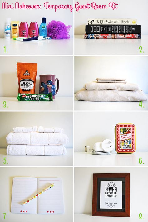 Mini Makeover: Temporary Guest Room Kit via Style for a Happy Home Guest Room Goodies, Guest Room Kit, Mini Makeover, 1st Place, Happy Home, Diy Kit, Changing Table, Guest House, Happy Place