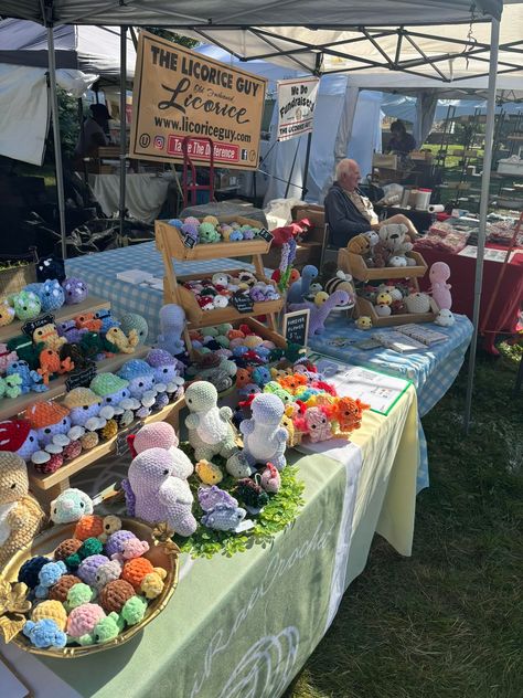 Market setup for my three-day market at Blake’s Lavender Festival! #crochet #marketingstrategy #marketprep #amigurumi #cute #plushies Crochet Market Display Ideas, Crochet Market Stall, Crochet Market Display, Crochet Market Ideas, Crochet Market Setup, Crochet Booth, Market Setup, Urban Market, Lavender Festival