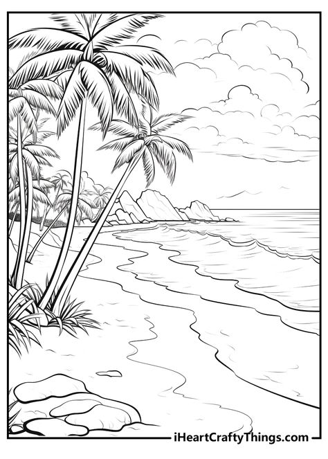 Beach Coloring Pages Beach Coloring Pages, Landscape Pencil Drawings, Beach Drawing, Online Coloring Pages, Retro Theme, Animal Coloring Pages, Beach Scenes, Coloring Pictures, Arts And Crafts For Kids