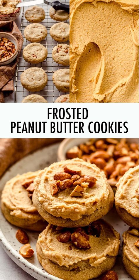 Rich and buttery peanut butter cookies filled with crunchy honey roasted peanuts and topped with a creamy peanut butter frosting. | frosted peanut butter cookies recipe | peanut butter cookies with frosting | peanut butter frosting for cookies | peanut butter frosting cookies | peanut butter cookies with peanut butter frosting Frosting For Peanut Butter Cookies, Peanut Butter Cookies No Vanilla Extract, Peanut Butter Cookies With Frosting, Recipes With Peanut Butter Chips, Things To Make With Peanut Butter, Penutbutter Cookes, Frosted Peanut Butter Cookies, Recipe Peanut Butter Cookies, Frosting For Cookies