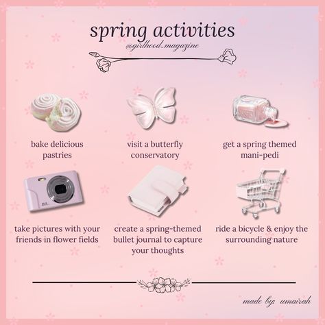 enjoy the most out of spring with these six fun, girly activities! ♡₊˚ 🦢・₊✧⋆⭒˚｡⋆ . . . design by @umaiwhat . . . #springtime🌸 #springtimevibes #springflowers #springlook #springoutfit #springoutfitideas #springaccessories #springactivities #springiscoming #pinkaesthetictumblr #tumblraestheticgirl #itgirlaesthetic #thatgirlaesthetic Fun Girly Activities, Girly Activities, Girl Activities, Activities For Girls, Spring Accessories, Spring Activities, Spring Is Coming, Spring Looks, Girly Girl