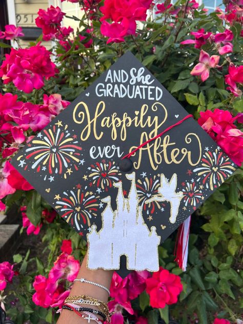 Disney Fireworks Happily Ever After Graduation Cap Design Idea Snow White Graduation Cap, Happily Ever After Graduation Cap, And She Taught Happily Ever After Cap, Grad Cap Designs Disney, Disney Princess Graduation Cap, Disney Graduation Cap Designs, Grad Cap Ideas Disney, High School Graduation Themes, Graduation Cap Designs Disney