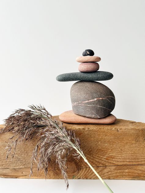 Boho Shelf Decor, Balance Stones, Inner Peace Art, Balancing Rocks, Farmhouse Coastal Decor, Boho Shelf, Aesthetic Bookshelf, Aesthetic Office, Office Decor For Women