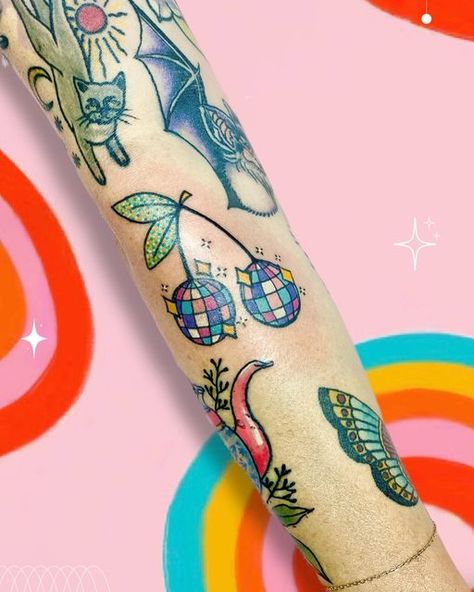 Disco Flash Tattoo, Fun Girly Tattoos, Traditional Disco Ball Tattoo, Traditional Barbie Tattoo, Girlie Traditional Tattoos, Traditional Girly Tattoo, Disco Cherry Tattoo, Disco Tattoos, Disco Ball Cherry Tattoo