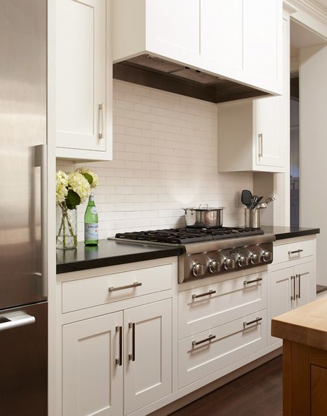 Rectangular hood vent shroud Dove Kitchen Cabinets, White Dove Kitchen Cabinets, White Dove Kitchen, Inset Cabinetry, White Subway Tile Backsplash, Black Countertops, Mill Valley, Kitchen Hoods, White Dove