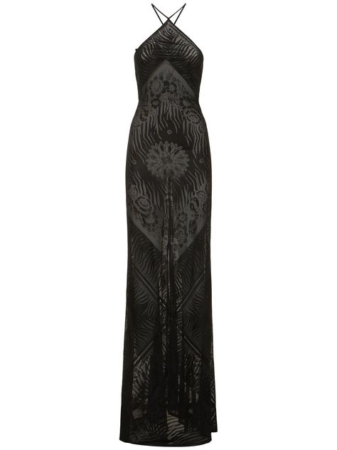 Find ROBERTO CAVALLI Halter Neck Devoré Viscose Long Dress on Editorialist. Fixed straps crisscross at back. Low cut back. All over pattern placement may vary. Model is wearing a sizeS Roberto Dress, 2024 Dresses, Cavalli Dress, All Over Pattern, Roberto Cavalli, Fancy Dresses, Swimwear Tops, Halter Neck, Low Cut