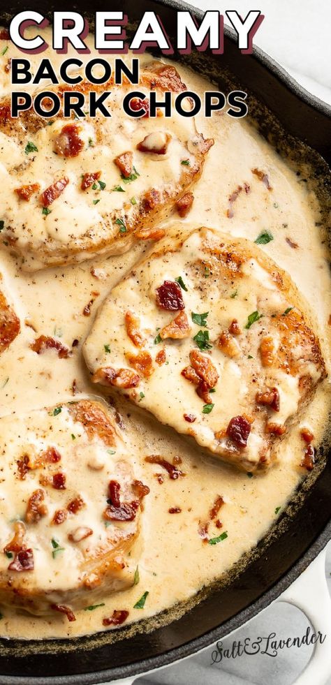 Bacon Pork Chops, Bacon Cream Sauce, Pork Chops In The Oven, Boneless Pork Chop Recipes, Smothered Pork, Pork Recipes For Dinner, Pork Chop Recipes Baked, Easy Pork Chop Recipes, Pork Chop Dinner