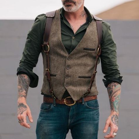 "How do we order the vest and leather suspenders like the model is wearing in the photos ?" - Danny A. Sleevless Jacket, Brown Vest Men, Mens Business Casual, Mens Vest Casual, Tweed Men, Mens Vest Fashion, Mens Waistcoat, Waistcoat Men, Mens Suit Vest