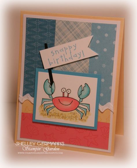 Crab and Co Beach Cards, Stamp Ideas, Hand Crafted Cards, Card Layouts, Summer Cards, Ocean Theme, Kids Birthday Cards, Su Cards, Creative Memories