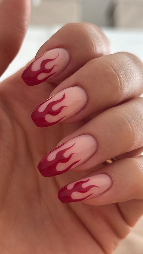 Red And White Flame Nails, Red Lightning Nails, Flame Nails Square, Fire French Tip Nails, Red Flame Nail Designs, Nail Flame Design, Funky Red Nails, Fire Design Nails, Flame French Tip