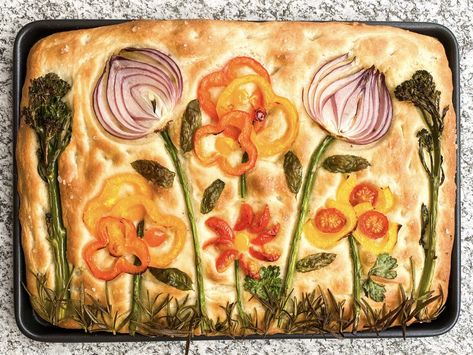 Focaccia Bread with Vegetable and Herb Flowers Fall Foccacia, Discard Focaccia, Sourdough Discard Focaccia, Vegetable Flowers, Bread Art, Honey Soy, Focaccia Bread, Italian Bread, Chilli Pepper