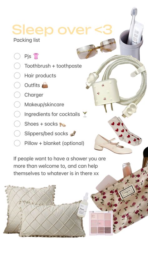 Sleep over packing list #pink #beauty #vibes #sleepover #list #sadgirl #birthday #birthdaywishlist #packing Sleep Over Packing List, Sleepover Packing List Teen Girl, Overnight Bag List, Overnight Bag Essentials, Sleepover Packing List, Trip Essentials Packing Lists, Teen Sleepover Ideas, Sleepover Essentials, Preppy Travel