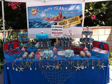 Jaws Birthday Party Ideas | Photo 10 of 41 | Catch My Party Jaws Birthday Party, Jaws Party, Shark Week Party, Splash Party, Circus Carnival Party, Shark Themed Birthday Party, Ocean Theme Party, Nautical Themed Party, Beach Birthday Party