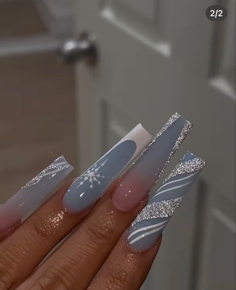 Winter Nail Sets Blue, Winter Acrylics Nails, Crismas Nails Idea, Long Acrylic Nails Designs Ideas Winter, Extra Winter Nails, Medium Length Nails Christmas, Holiday Nails Winter Christmas Acrylic, Blue White And Silver Christmas Nails, Winter Long Acrylic Nails