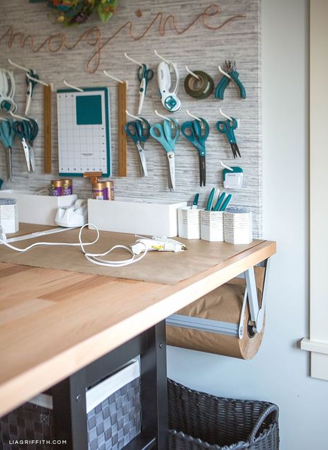 Our New Craft Room (Before and After). Note outlet strip running down center of craft table. Pegboard Craft Room, Butik Design, Outlet Strip, Craft Table Diy, Craft Room Furniture, Sewing Room Design, Dream Craft Room, Craft Room Design, Craft Room Storage