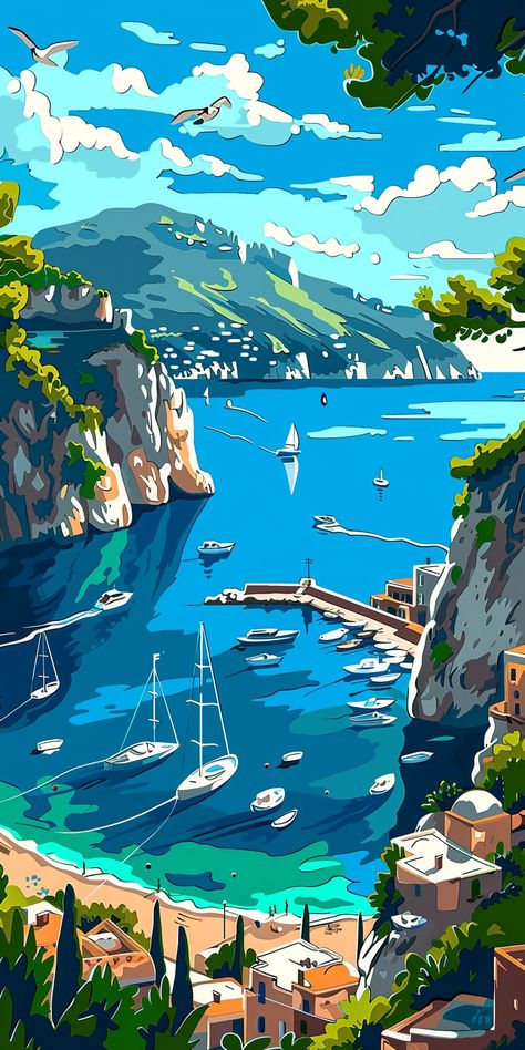 Tourist Poster of Capri in the 1950s Retro Artwork Painting, Capri Illustration, Drawn Wallpapers, Describing Pictures, Tourist Poster, Vintage Beach Posters, Iphone Paper, Animated Photos, Inspirational Digital Art