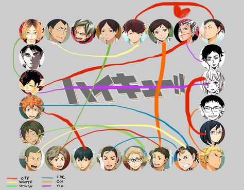 Daichi X Michimiya, Kageyama X Yachi, Kindaichi X Kunimi, Kiyoko X Yachi, Ukai X Takeda, Hinata X Yachi, Daichi X Suga, Asahi X Nishinoya, Lev X Yaku