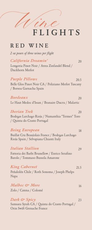 wine tasting Design Templates - MustHaveMenus (104 found) Wine Bar Food Menu Ideas, Wine Flight, Chianti Italy, Wine Tasting Room, Wine Tourism, Restaurant Marketing, Tasting Menu, Zinfandel, New Menu