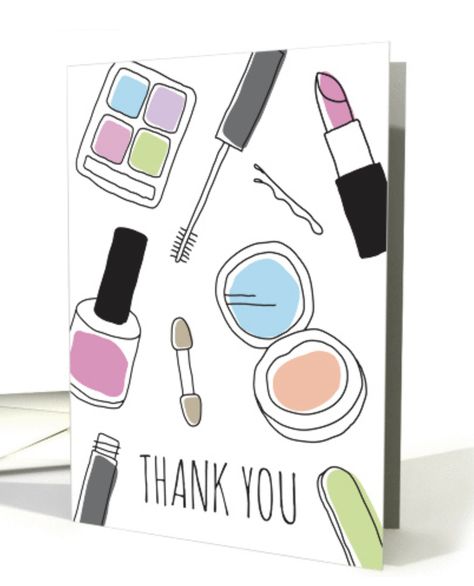 Makeup-themed thank you card featuring illustrations of lipstick, nail varnish, mascara, eye shadow, powder, bobbin pin etc in a hand drawn doodle style. Text thank you. Could for example be used as a thank you card for a makeup artist or beautician. Lipstick Nail, Up Theme, Doodle Style, Card Drawing, Nail Varnish, Diy Skin Care, Diy Makeup, Cosmetology, Folded Cards