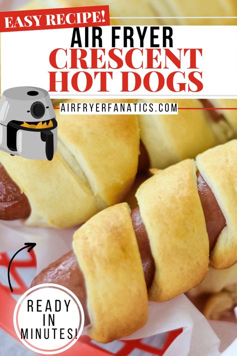 Use crescent rolls to make these delicious Air Fryer Crescent Hot Dogs, easy to make in just about 10 minutes for lunch! Crescent Hot Dogs, Cresant Rolls, Hot Dog Crescent Rolls, Kids Foods, Southern Dinner, Crescent Recipes, Cooks Air Fryer, Veggie Snacks, Airfryer Recipes