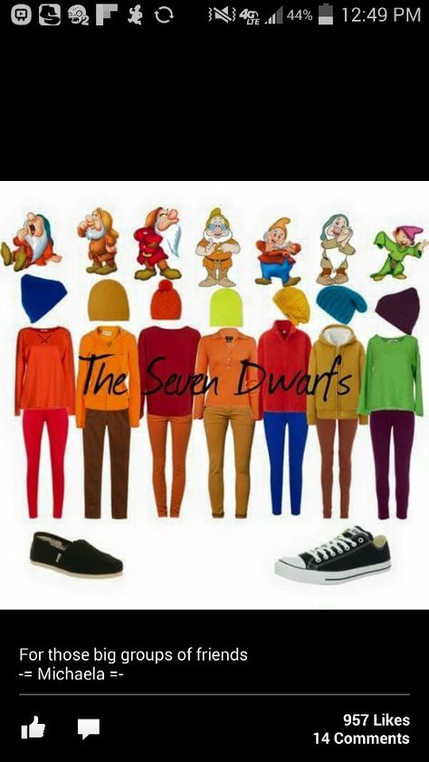 The seven dwarfs costume! Matching Costumes For 6 People, Seven Drawfs Group Costume, Big Group Halloween Costumes, Seven Dwarfs Costume, Snow White And Seven Dwarfs, Disneybound Outfits, Cute Group Halloween Costumes, Teacher Costumes, Cute Disney Outfits