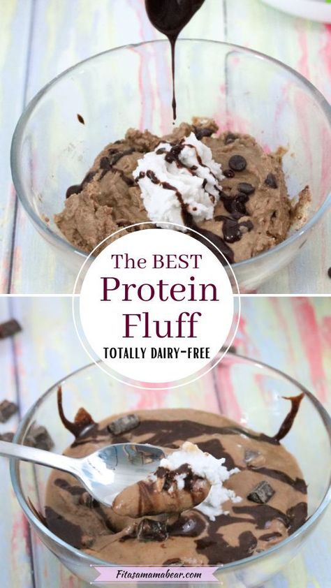 Pin image with text: two images of vegan protein fluff in bowls, the top chocolate with a spoon in it and the bottom caramel with chopped almonds Sleeve Puree Recipes, Vegan Protein Pudding, Protein Powder Whipped Cream, Protein Powder Cool Whip, Low Calorie Protein Fluff, Quest Multipurpose Protein Powder Recipes, Cool Whip Protein Powder Dessert, Recipes For Protein Powder, Healthy Fluff Recipes