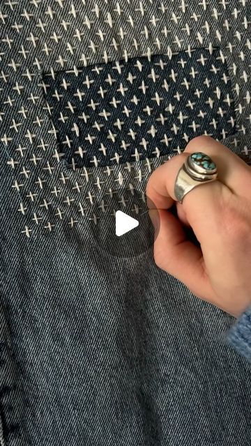 Cowboy Crust on Instagram: "my first go at sashiko repair! very happy with how these turned out and im super excited to try even more on these jeans 🤠  stick and stitch patternds from @socorro.society   #sashiko #upcycling #embroidery #handstitched #visiblemending #denimrepair #sewing #patchwork #handsewing #vintagefashion" Sashimi Mending Jeans, Sashiko Denim Jeans, Sashiko Embroidery Clothes, Boro And Sashiko, Shashiko Embroidery Denim, Jeans Visible Mending, Sashiko Mending Patterns, Sashiko On Jeans, Sashiko Mending Tutorial