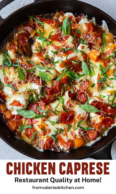 Gorgeous Restaurant, Roasted Tomato Chicken, Chicken Caprese Recipe, Chicken Recipes With Tomatoes, Baked Caprese Chicken, Sautéed Chicken, Chicken Caprese, Chicken Saltimbocca, Caprese Recipes