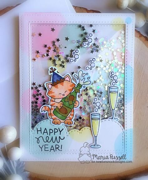 New Year Cat Shaker Card by Maria Russell | Newton's New Year Stamp Set by Newton's Nook Designs #newtonsnook #handmade New Year Cards Handmade, New Year Cards, Cute Image, Happy New Year Cards, 4 Images, Floral Border Design, New Year Greeting Cards, Interactive Cards, Shaker Cards