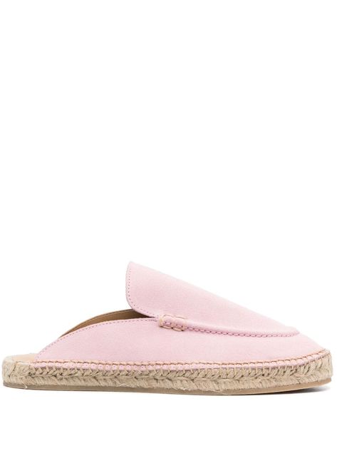 light pink suede slip-on style round toe branded insole braided raffia sole