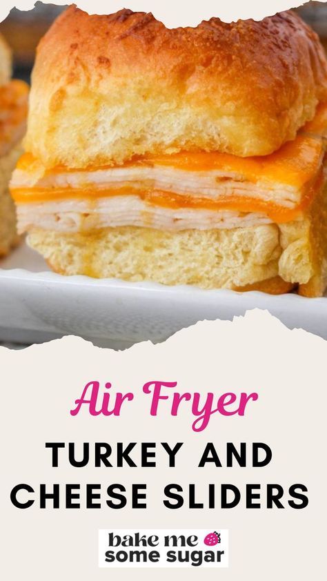 Air fryer turkey and cheese sliders are a simple and quick lunch or dinner idea. Made with thinly sliced turkey, cheddar cheese, your choice of slider buns, Dijon mustard, and butter, all packed into one mouthwatering sandwich. These turkey sliders are so simple to throw together. Sliders In Air Fryer, Air Fryer Sliders, Turkey And Cheese Sliders, Sliders On Hawaiian Rolls, Air Fryer Turkey, Hawaiian Roll Sliders, Health Meals, Turkey Sliders, Healthy Vegetarian Snacks