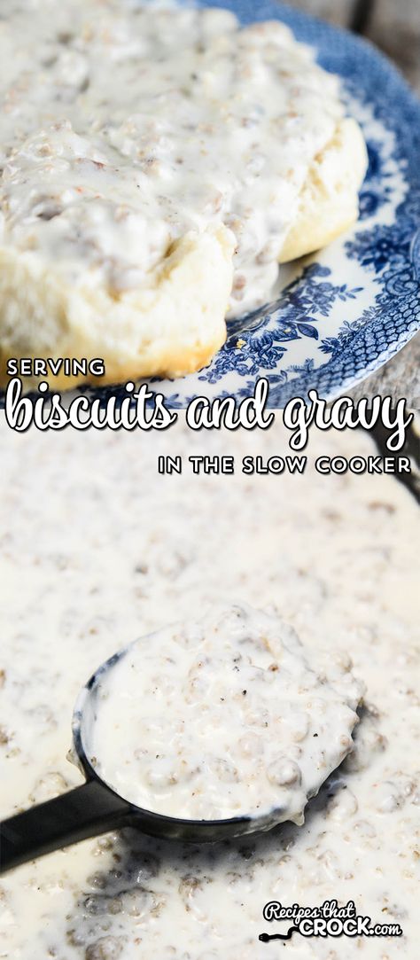 Serve up delicious biscuits and gravy from your slow cooker! If you have a browning unit you can make it in the crock, but if not, use this yummy recipe to make in a skillet and then transfer to your slow cooker. Tips for keeping your gravy nice and warm and the perfect consistency. Perfect for potlucks or work breakfast parties. Sausage Crockpot Recipes, Breakfast Crockpot, Sausage Crockpot, Sausage Gravy Recipe, Crockpot Breakfast Casserole, Breakfast Crockpot Recipes, Slow Cooker Breakfast, Crockpot Breakfast, Breakfast Party