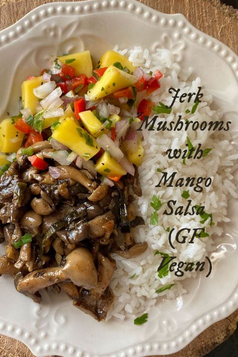 Jamaican Jerk Mushrooms With Mango Salsa (GF Vegan) Jerk Mushrooms Recipe, Vegan Jerk Recipe, Vegan Jamaican Curry, Vegetarian Jamaican Food, Jerk Mushrooms Recipe Vegan, Jamaican Vegan Recipes, Vegan Jamaican Food, Jerk Mushrooms, Ital Recipes