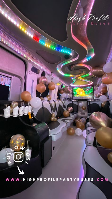 Interior view of a mercedes sprinter party bus with LED lights set on multiple colours and the bus dressed with gold and white balloon decorations Wedding Party Bus Ideas, Party Bus Decorations Ideas, Limousine Birthday Party Ideas, Party Bus Sweet 16, Party Bus Ideas Decoration, Sweet 16 Party Bus Ideas, Party Bus Decorations Birthday, Party Bus Ideas Birthday, Party Bus Birthday Ideas