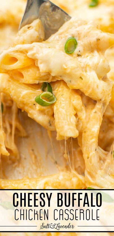 a spoonful of pasta with text overlay that reads cheesy buffalo chicken casserole Buffalo Chicken Pasta Bake, Wing Flavors, Blue Cheese Pasta, Cheesy Buffalo Chicken, Cheese Pasta Bake, Chicken Pasta Casserole, Pasta Casserole Recipes, Buffalo Chicken Casserole, Buffalo Chicken Pasta