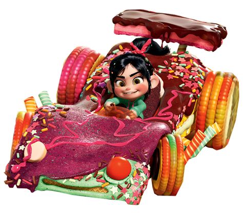 The Candy Kart is the current kart under the possession of Vanellope von Schweetz. Her previous kart, the Likkity Split, was destroyed by Taffyta and the other racers in an attempt to keep her from entering the Random Roster Race. In exchange for the return of his Hero's Duty medal, Vanellope had Ralph break her into the Kart Bakery and help her make a new kart so she can enter the race. The two go through the mini-game with several mishaps, including smothering the kart in frosting and..... Disney Mural, Candy Rush, Vanellope Y Ralph, Vanellope Von Schweetz, Jessie Toy Story, 디즈니 캐릭터, Lilo Et Stitch, Profil Anime, Disney Infinity