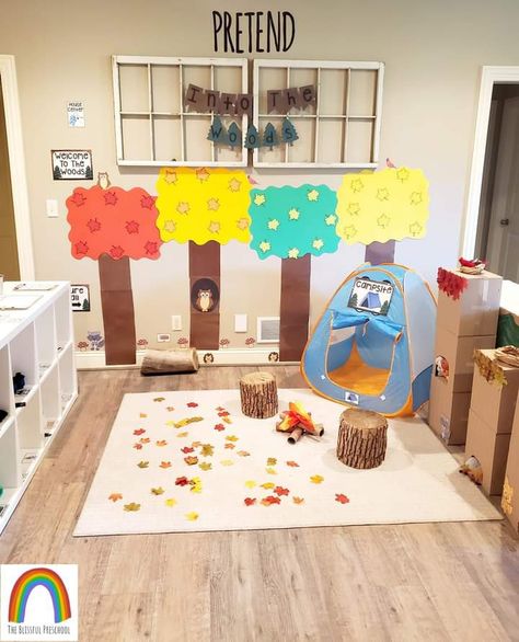 Dramatic Play Fall Theme, Camping Dramatic Play, Camping Theme Preschool, Daycare Spaces, Woods Camping, Play Preschool, Dramatic Play Themes, Daycare Classroom, Thanksgiving Classroom