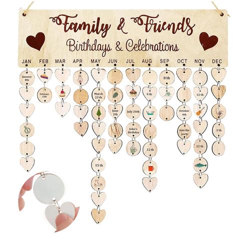 Family and Friends Calendar, DIY Wooden Birthday Calendar Wall Hanging Birthday and Celebrations Reminder Plaque with 50 Round Discs and 50 Heart Tags for Family Friends Birthday Reminder Home Wall Decor Family Birthday Plaque, Family Birthdays Sign, Calendrier Diy, Diy Kalender, Family Celebrations Board, Reminder Board, Wooden Calendar, Calendar Reminder, Calendar Board