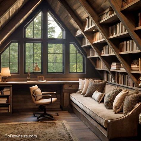 Home Library Attic, Slanted Ceiling Library, Sloped Ceiling Office, Attic Book Nook, Attic Library Ideas, Attic Shelving, Library Attic, Reading Room Ideas Cozy, A Frame House Interior