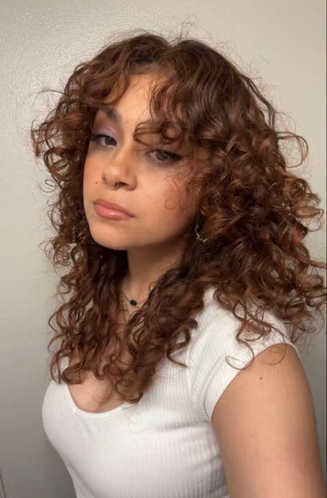 Brown Black Curly Hair, Curly Mid Length Hair With Layers, Wolfcut Curly Hair Medium, Wolfcut On Curly Hair, 3a Haircuts, 3a Curly Haircut, Copper Brown Curly Hair, 3a Haircut, Curly Copper Hair