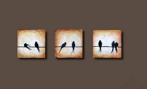 mini canvas ideas | ... Painting Birds on Wire Texture Original small Canvas triptych Set of 3 Multiple Canvas Art, Multiple Canvas Paintings, Bird Painting Diy, Small Canvas Paintings, Bird Painting, Small Canvas Art, Small Canvas, Bird Drawings, Mini Canvas Art