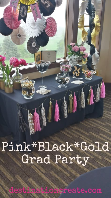 CLICK through for favor table ideas from this Black*Gold*Pink graduation Party. Read the post and download FREE PRINTABLES too. http://destinationcreate.com/party-favor-tables-that-adults-will-love/ Black And Gold Graduation Party, Black And Gold Graduation, Pink Graduation Party, Pink Graduation, Graduation Table, Graduation Table Decorations, Graduation Party Table, Senior Graduation Party, Gold Graduation Party