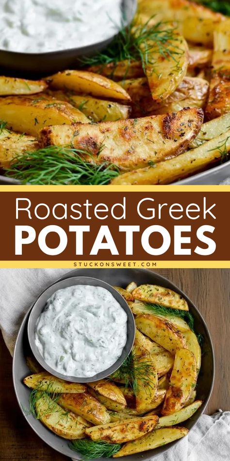 Fall in love with the best Greek potatoes! Learn how to make this easy roasted potato recipe for the perfect yummy appetizers! Yellow yukon potatoes are covered with spices, garlic and lemon, then roasted until browned and slightly crispy. Try it! Roasted Greek Potatoes, Roasted Potato Recipe, Easy Veggie Sides, Gold Potato Recipes, Easy Roasted Potatoes, Yukon Potatoes, Greek Potatoes, Roasted Potato, Yellow Potatoes