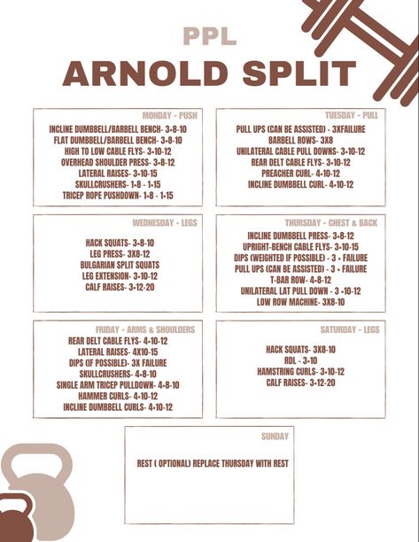 Ppl Arnold Split, Ppl X Arnold Split, Arnold Schwarzenegger Workout, Arnold Workout, Training Split, Mass Workout, Weight Training Schedule, Push Pull Workout, Pull Workout